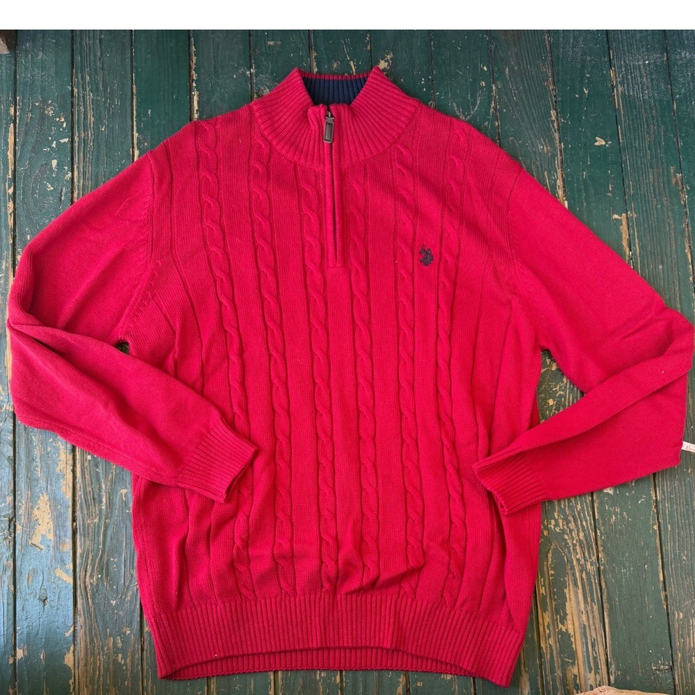 US Polo Assn Mens XL Red Cable Knit Quarter Zip Mock Neck Sweater Pullover